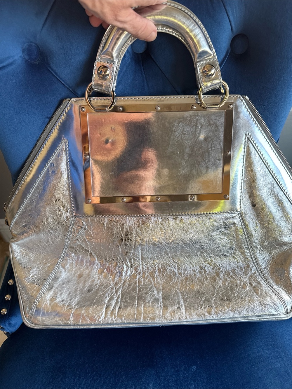 Versace Silver Metallic Structured Satchel - Picture 4 of 15